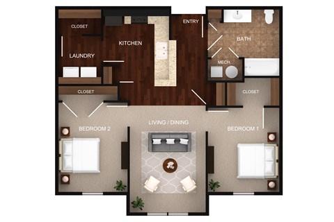 Floor plan for 2 beds, 2 baths, 855 sqft